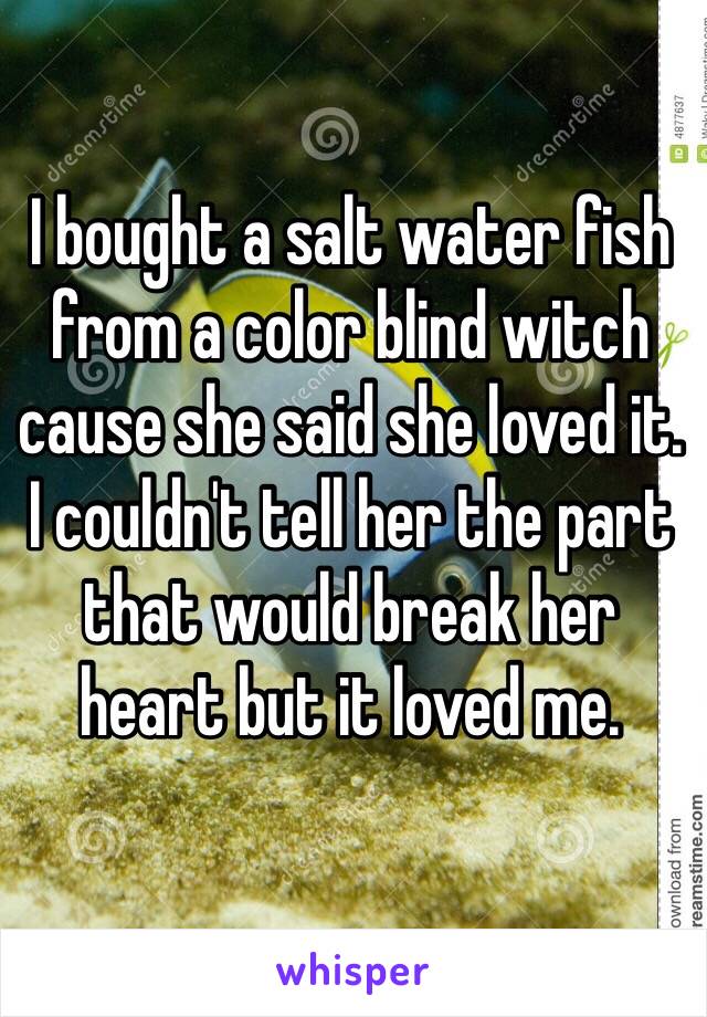 I bought a salt water fish from a color blind witch cause she said she loved it.
I couldn't tell her the part that would break her heart but it loved me.