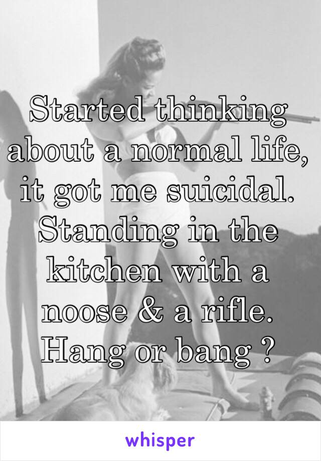 Started thinking about a normal life, it got me suicidal. Standing in the kitchen with a noose & a rifle. Hang or bang ?