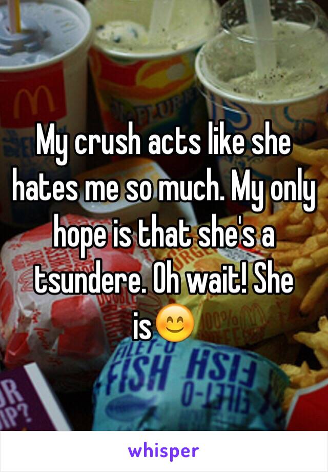 My crush acts like she hates me so much. My only hope is that she's a tsundere. Oh wait! She is😊