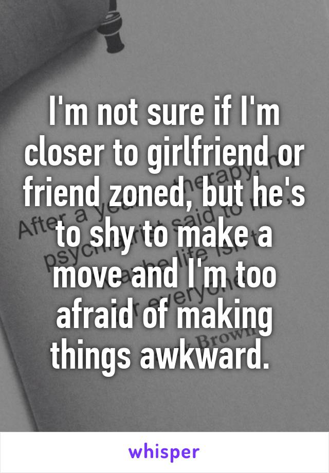 I'm not sure if I'm closer to girlfriend or friend zoned, but he's to shy to make a move and I'm too afraid of making things awkward. 