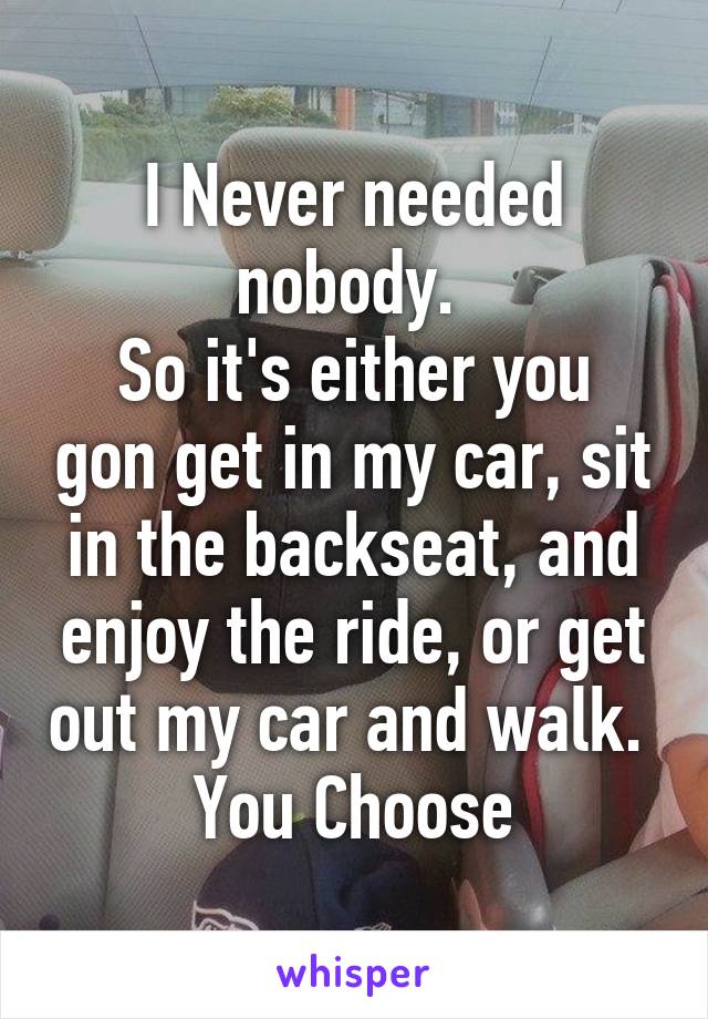 I Never needed nobody. 
So it's either you gon get in my car, sit in the backseat, and enjoy the ride, or get out my car and walk. 
You Choose