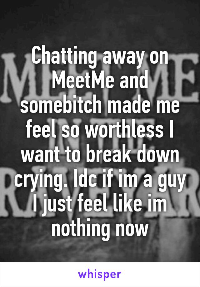 Chatting away on MeetMe and somebitch made me feel so worthless I want to break down crying. Idc if im a guy I just feel like im nothing now