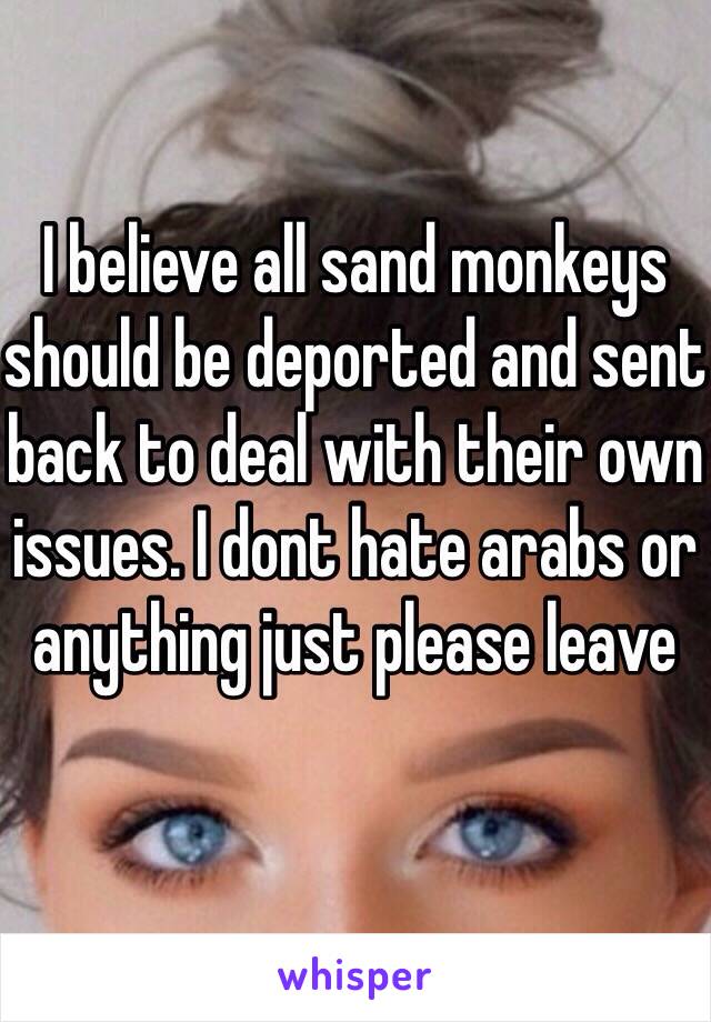 I believe all sand monkeys should be deported and sent back to deal with their own issues. I dont hate arabs or anything just please leave