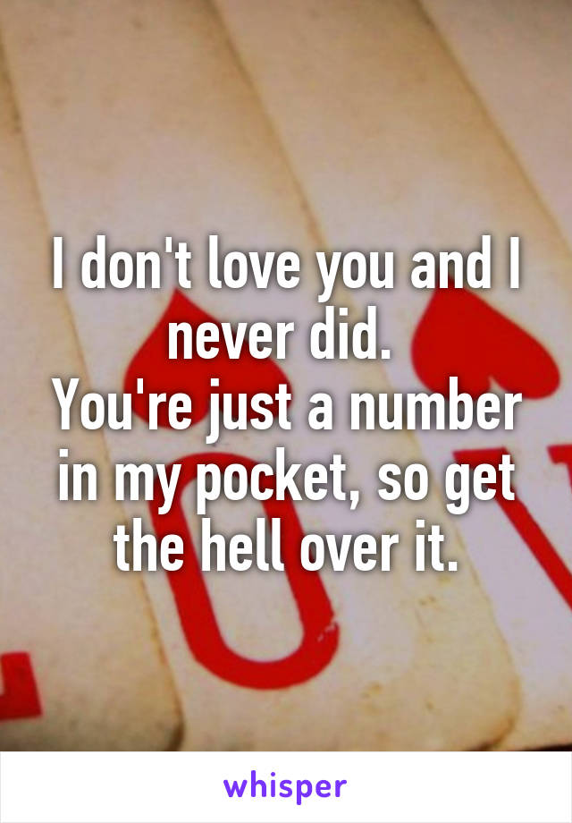 I don't love you and I never did. 
You're just a number in my pocket, so get the hell over it.