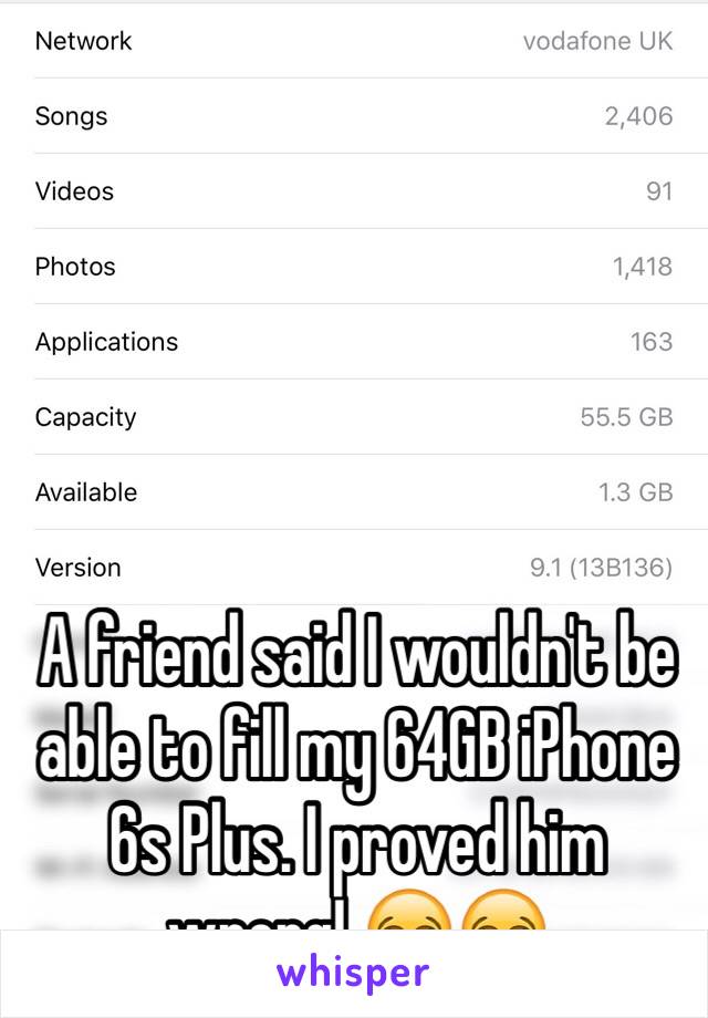 A friend said I wouldn't be able to fill my 64GB iPhone 6s Plus. I proved him wrong! 😂😂