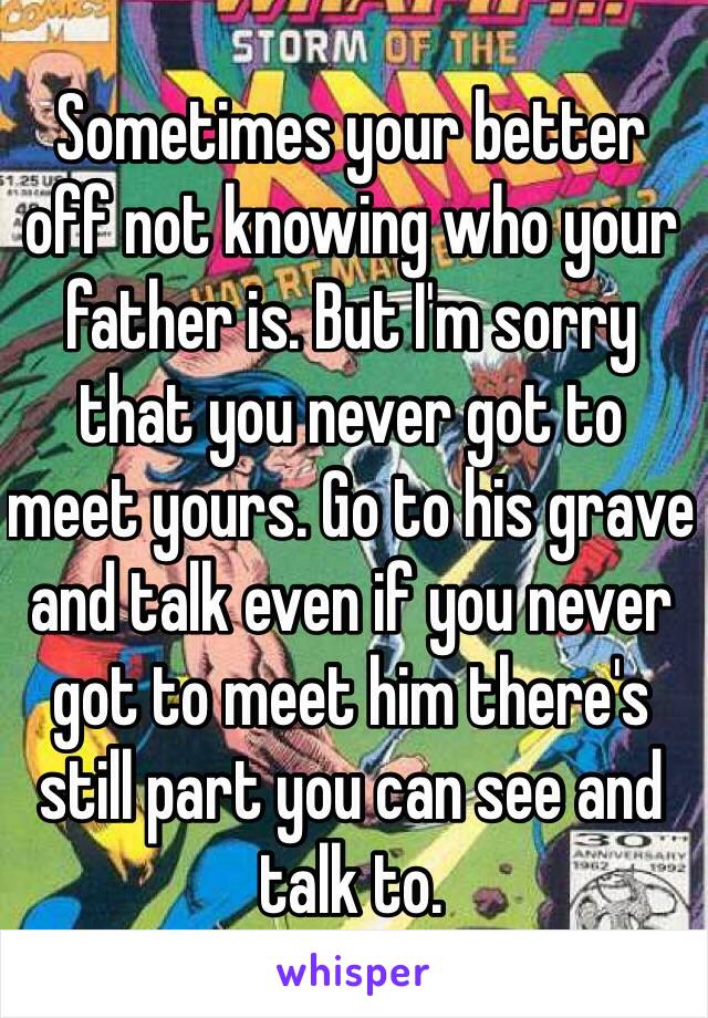 Sometimes your better off not knowing who your father is. But I'm sorry that you never got to meet yours. Go to his grave and talk even if you never got to meet him there's still part you can see and  talk to. 