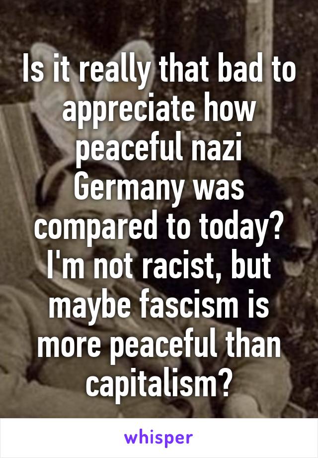 Is it really that bad to appreciate how peaceful nazi Germany was compared to today? I'm not racist, but maybe fascism is more peaceful than capitalism?