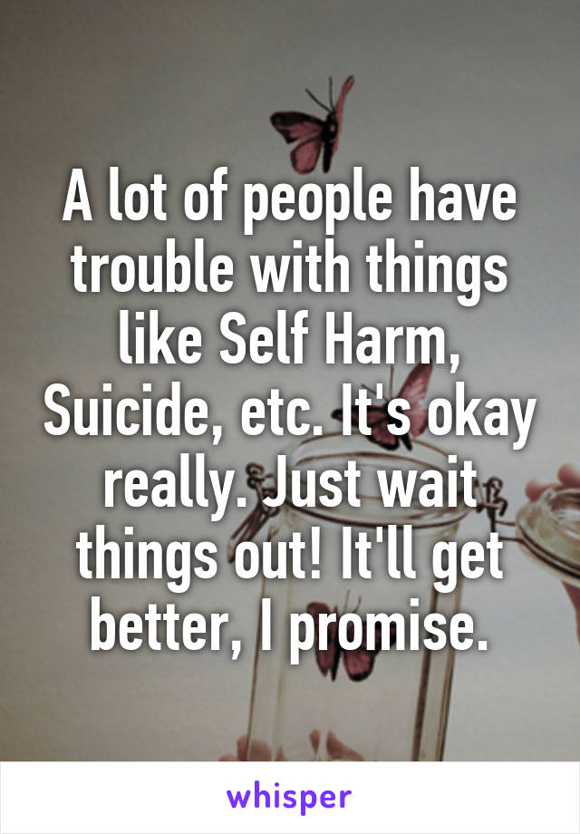 A lot of people have trouble with things like Self Harm, Suicide, etc. It's okay really. Just wait things out! It'll get better, I promise.