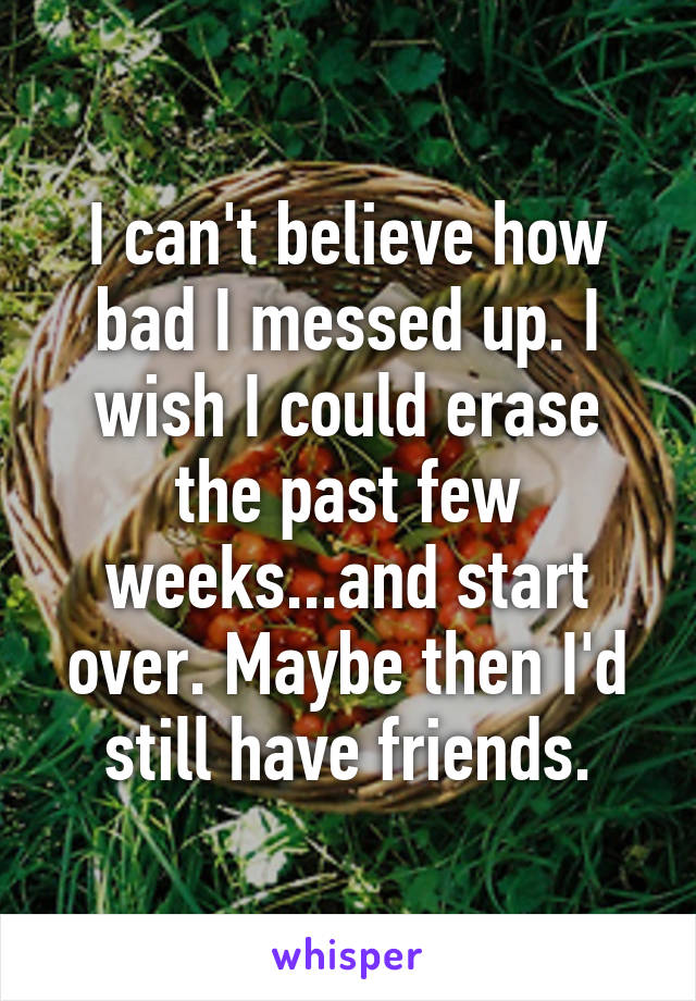 I can't believe how bad I messed up. I wish I could erase the past few weeks...and start over. Maybe then I'd still have friends.