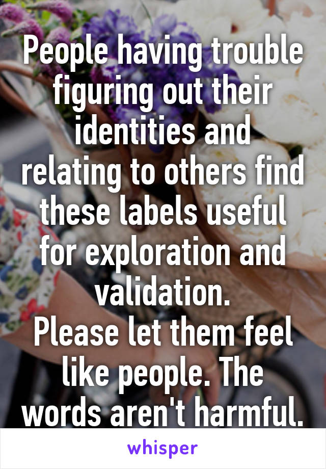 People having trouble figuring out their identities and relating to others find these labels useful for exploration and validation.
Please let them feel like people. The words aren't harmful.