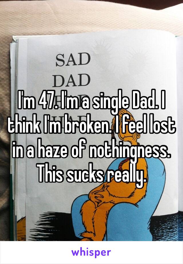 I'm 47. I'm a single Dad. I think I'm broken. I feel lost in a haze of nothingness. This sucks really.