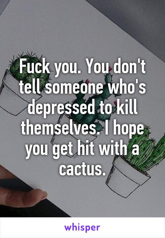 Fuck you. You don't tell someone who's depressed to kill themselves. I hope you get hit with a cactus.