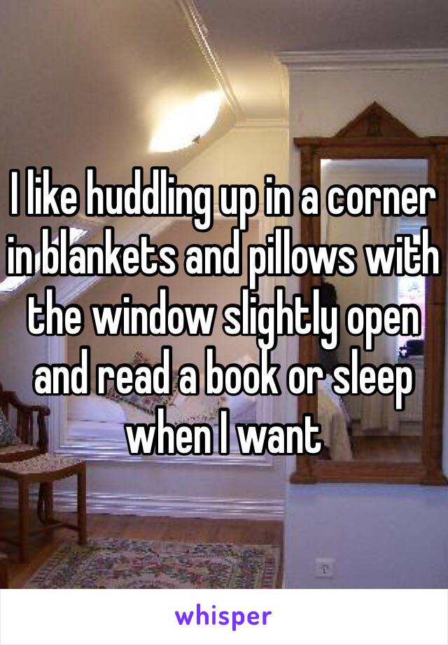 I like huddling up in a corner in blankets and pillows with the window slightly open and read a book or sleep when I want 