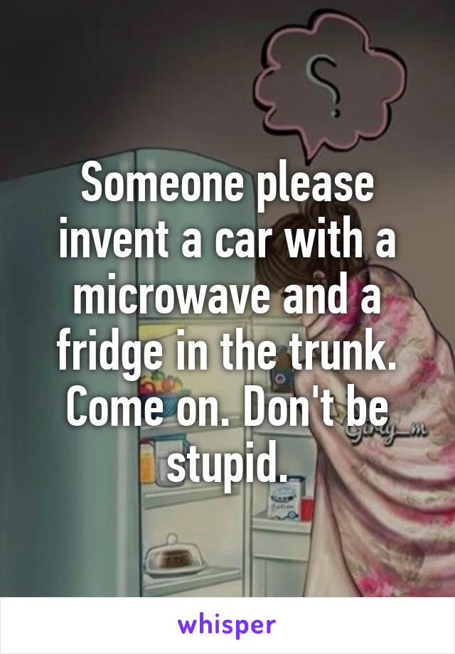 Someone please invent a car with a microwave and a fridge in the trunk. Come on. Don't be stupid.