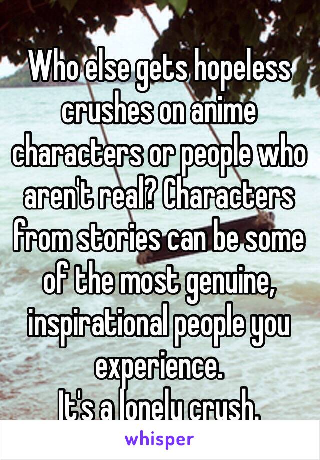 Who else gets hopeless crushes on anime characters or people who aren't real? Characters from stories can be some of the most genuine, inspirational people you experience. 
It's a lonely crush.