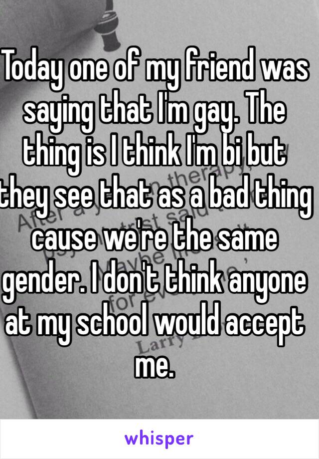 Today one of my friend was saying that I'm gay. The thing is I think I'm bi but they see that as a bad thing cause we're the same gender. I don't think anyone at my school would accept me. 