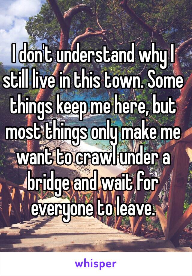 I don't understand why I still live in this town. Some things keep me here, but most things only make me want to crawl under a bridge and wait for everyone to leave.  