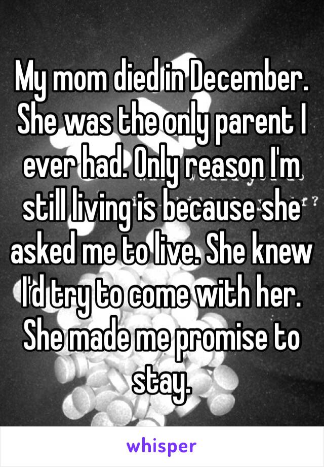 My mom died in December. She was the only parent I ever had. Only reason I'm still living is because she asked me to live. She knew I'd try to come with her. She made me promise to stay. 