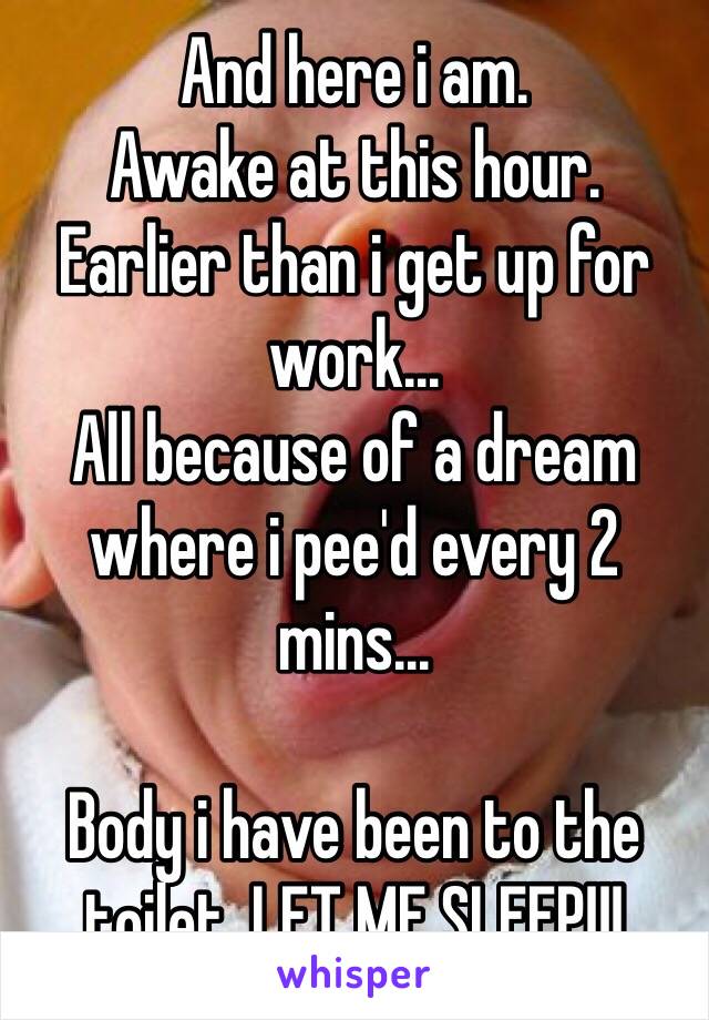 And here i am.  
Awake at this hour.
Earlier than i get up for work...
All because of a dream where i pee'd every 2 mins...

Body i have been to the toilet, LET ME SLEEP!!!