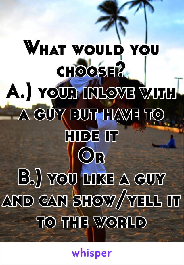 What would you choose? 
A.) your inlove with a guy but have to hide it
Or
B.) you like a guy and can show/yell it to the world