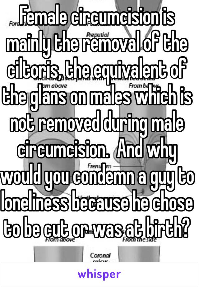 Female circumcision is mainly the removal of the ciltoris, the equivalent of the glans on males which is not removed during male circumcision.  And why would you condemn a guy to loneliness because he chose to be cut or was at birth? 