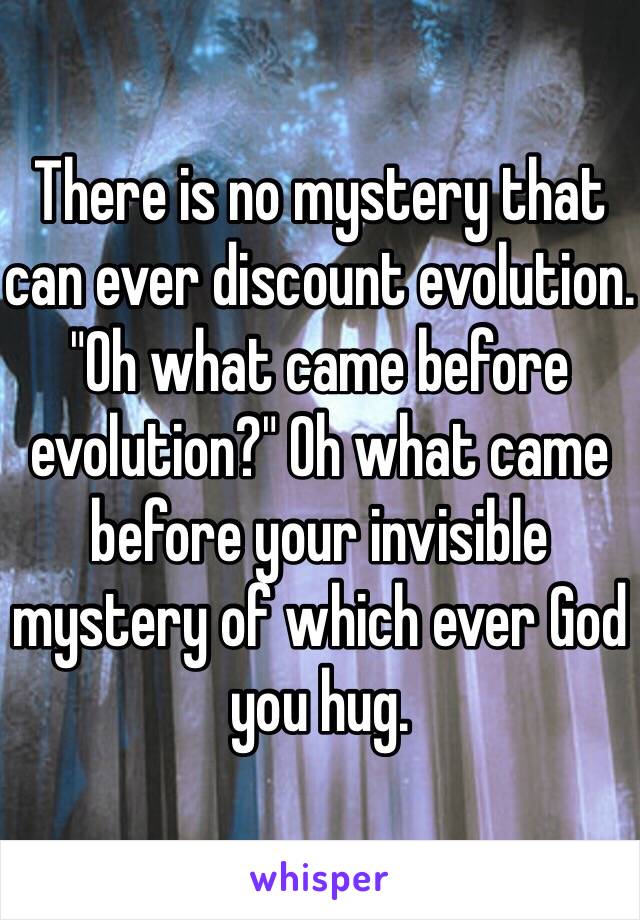 There is no mystery that can ever discount evolution. "Oh what came before evolution?" Oh what came before your invisible mystery of which ever God you hug. 