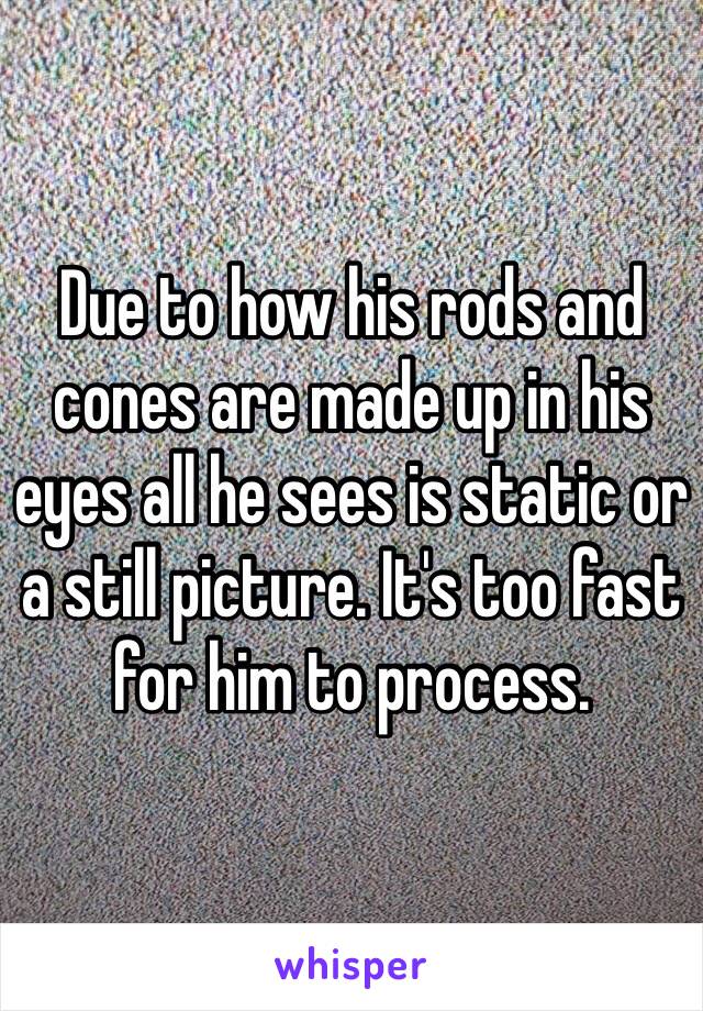 Due to how his rods and cones are made up in his eyes all he sees is static or a still picture. It's too fast for him to process. 