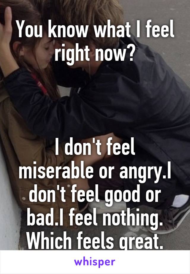 You know what I feel right now?



I don't feel miserable or angry.I don't feel good or bad.I feel nothing.
Which feels great.