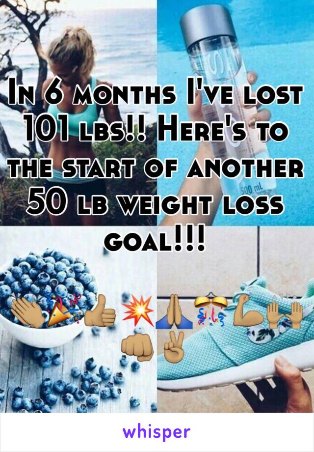 In 6 months I've lost 101 lbs!! Here's to the start of another 50 lb weight loss goal!!! 

👏🏽🎉👍🏽💥🙏🏽🎊💪🏽🙌🏽👊🏽✌🏽️