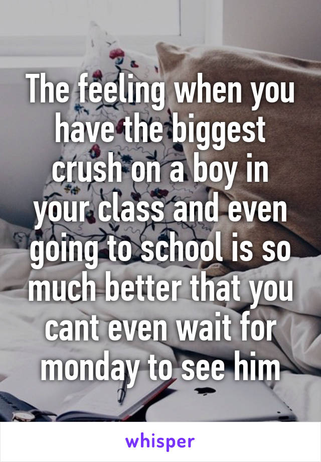 The feeling when you have the biggest crush on a boy in your class and even going to school is so much better that you cant even wait for monday to see him