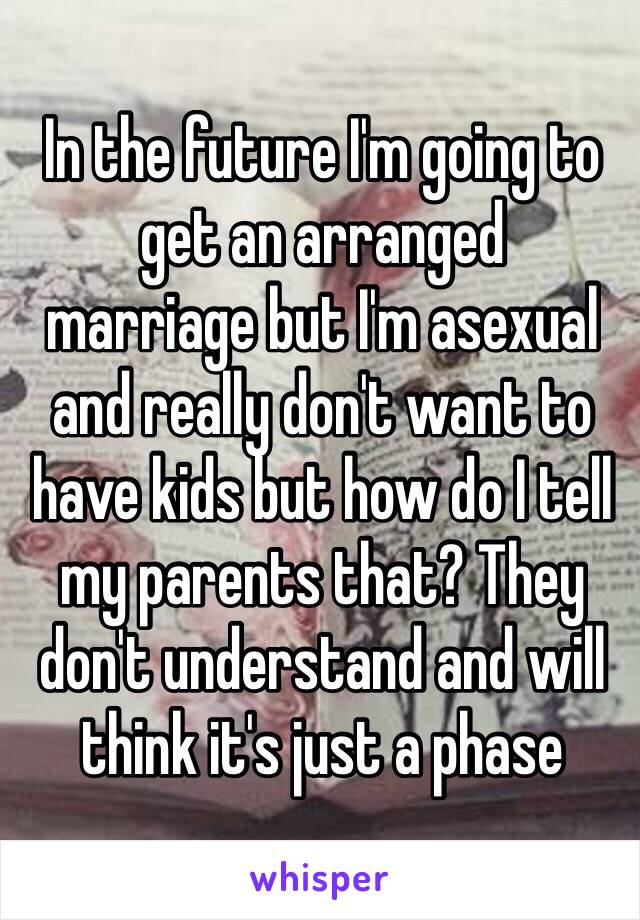 In the future I'm going to get an arranged 
marriage but I'm asexual and really don't want to have kids but how do I tell my parents that? They don't understand and will think it's just a phase