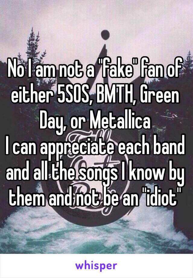 No I am not a "fake" fan of either 5SOS, BMTH, Green Day, or Metallica
I can appreciate each band and all the songs I know by them and not be an "idiot"