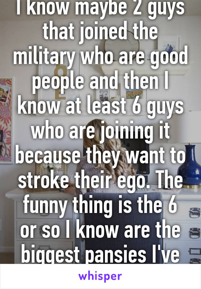 I know maybe 2 guys that joined the military who are good people and then I know at least 6 guys who are joining it because they want to stroke their ego. The funny thing is the 6 or so I know are the biggest pansies I've ever met 