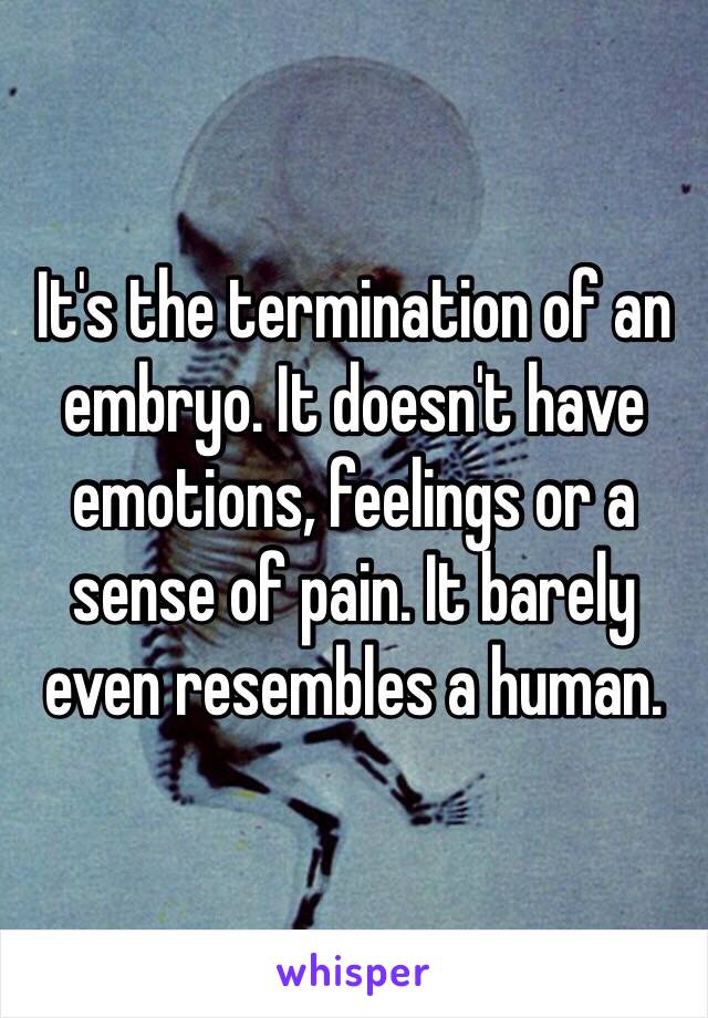 It's the termination of an embryo. It doesn't have emotions, feelings or a sense of pain. It barely even resembles a human. 