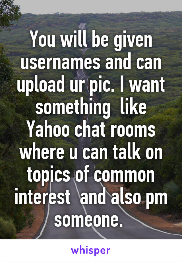 You will be given usernames and can upload ur pic. I want something  like Yahoo chat rooms where u can talk on topics of common interest  and also pm someone. 