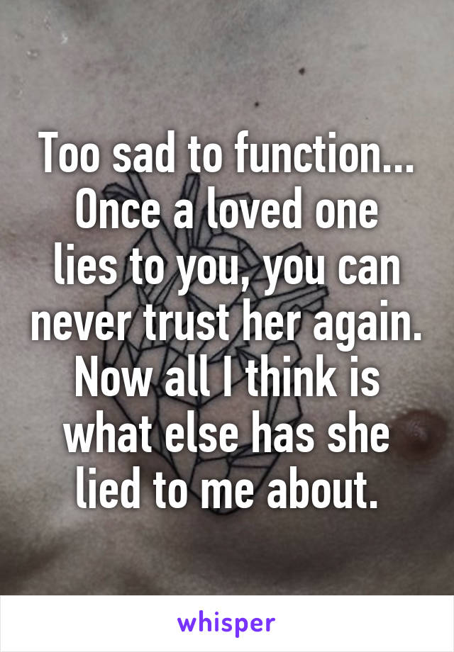 Too sad to function...
Once a loved one lies to you, you can never trust her again.
Now all I think is what else has she lied to me about.