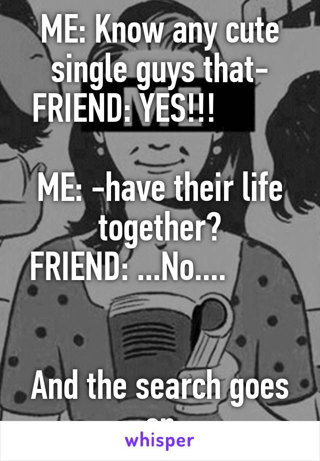 ME: Know any cute single guys that-
FRIEND: YES!!!                        
ME: -have their life together?
FRIEND: ...No....                      

And the search goes on