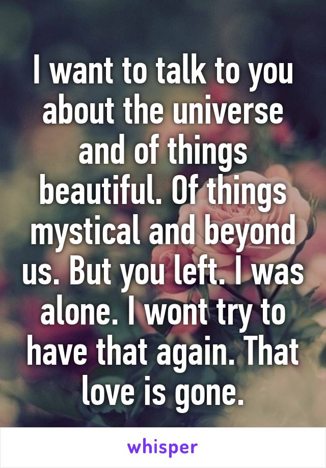 I want to talk to you about the universe and of things beautiful. Of things mystical and beyond us. But you left. I was alone. I wont try to have that again. That love is gone.