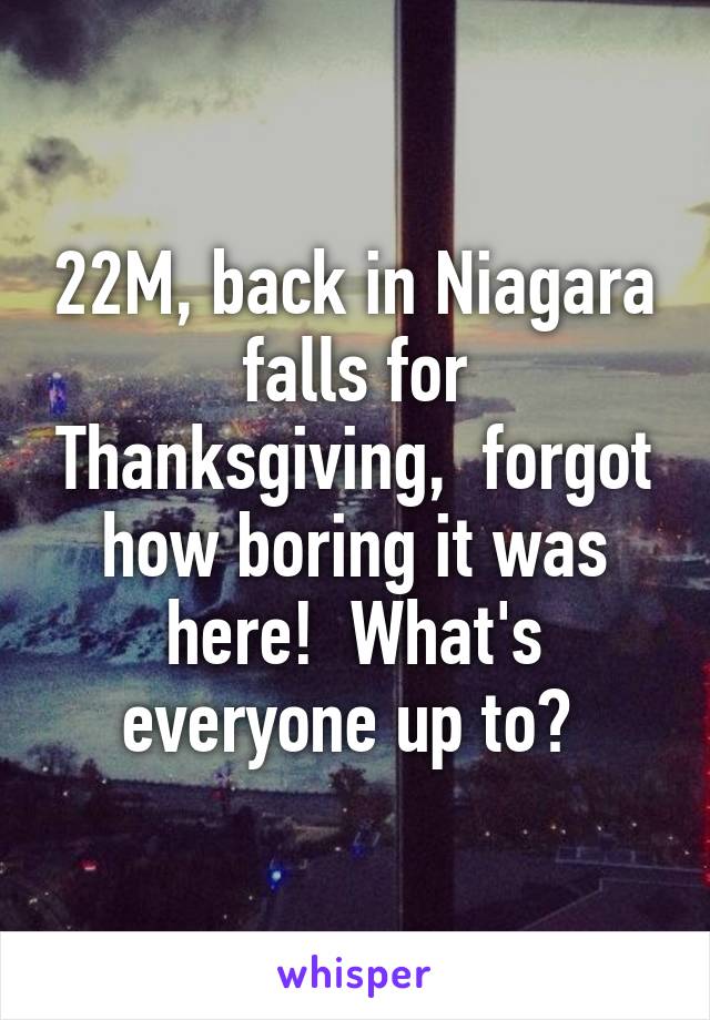 22M, back in Niagara falls for Thanksgiving,  forgot how boring it was here!  What's everyone up to? 