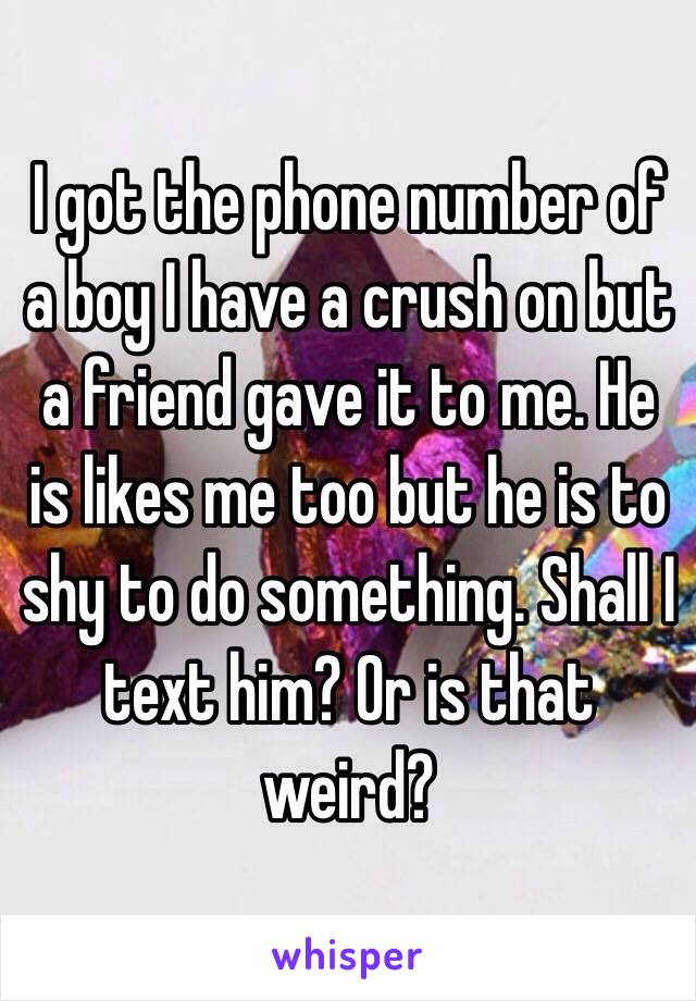 I got the phone number of a boy I have a crush on but a friend gave it to me. He is likes me too but he is to shy to do something. Shall I text him? Or is that weird?