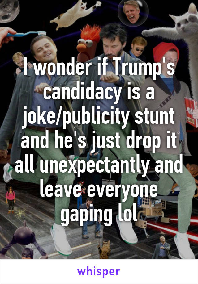 I wonder if Trump's candidacy is a joke/publicity stunt and he's just drop it all unexpectantly and leave everyone gaping lol