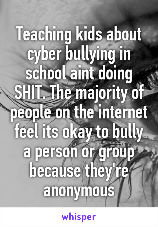 Teaching kids about cyber bullying in school aint doing SHIT. The majority of people on the internet feel its okay to bully a person or group because they're anonymous