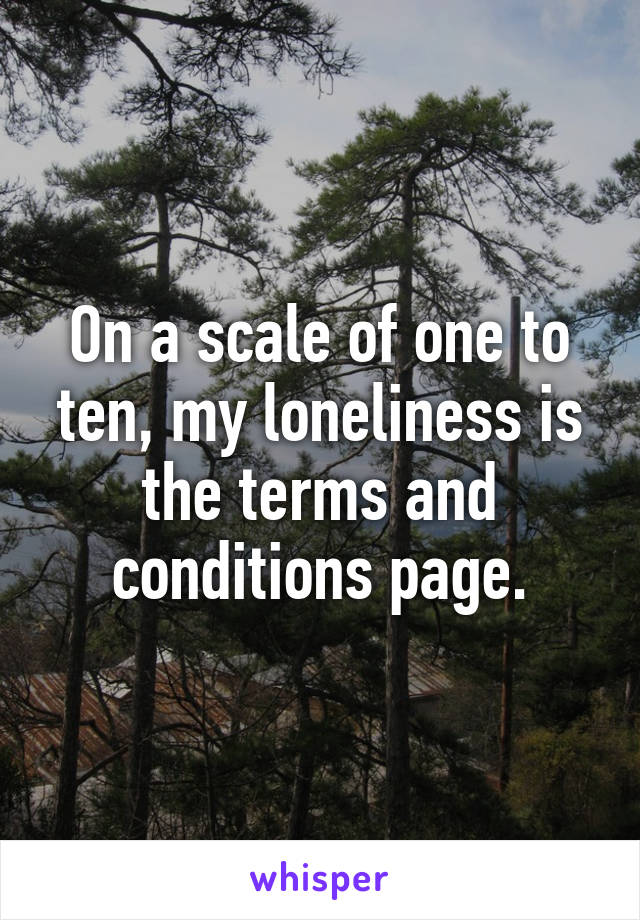 On a scale of one to ten, my loneliness is the terms and conditions page.