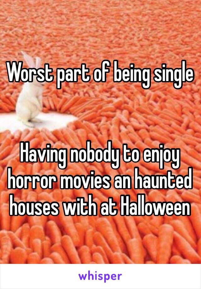 Worst part of being single 


Having nobody to enjoy horror movies an haunted houses with at Halloween 