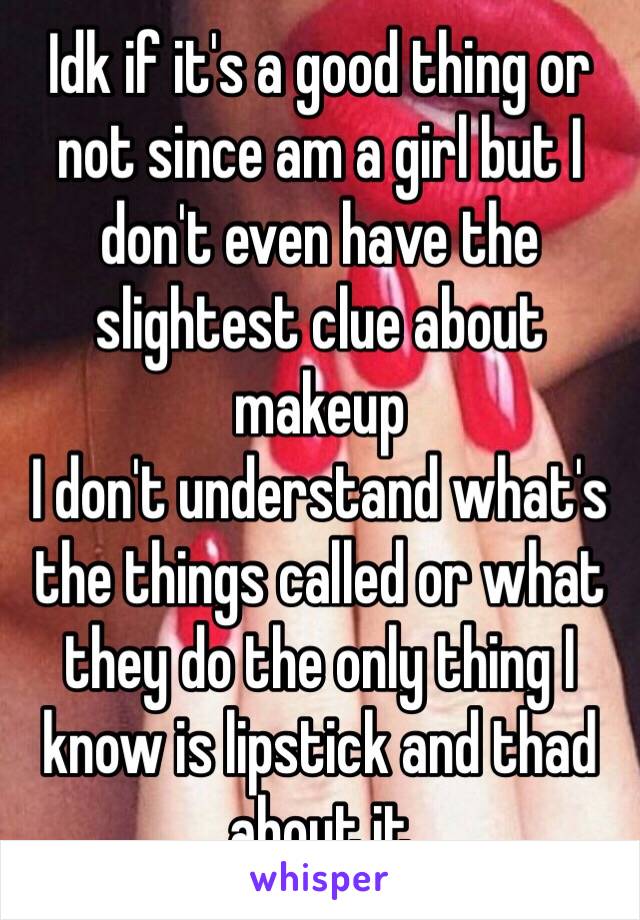 Idk if it's a good thing or not since am a girl but I don't even have the slightest clue about makeup 
I don't understand what's the things called or what they do the only thing I know is lipstick and thad about it 