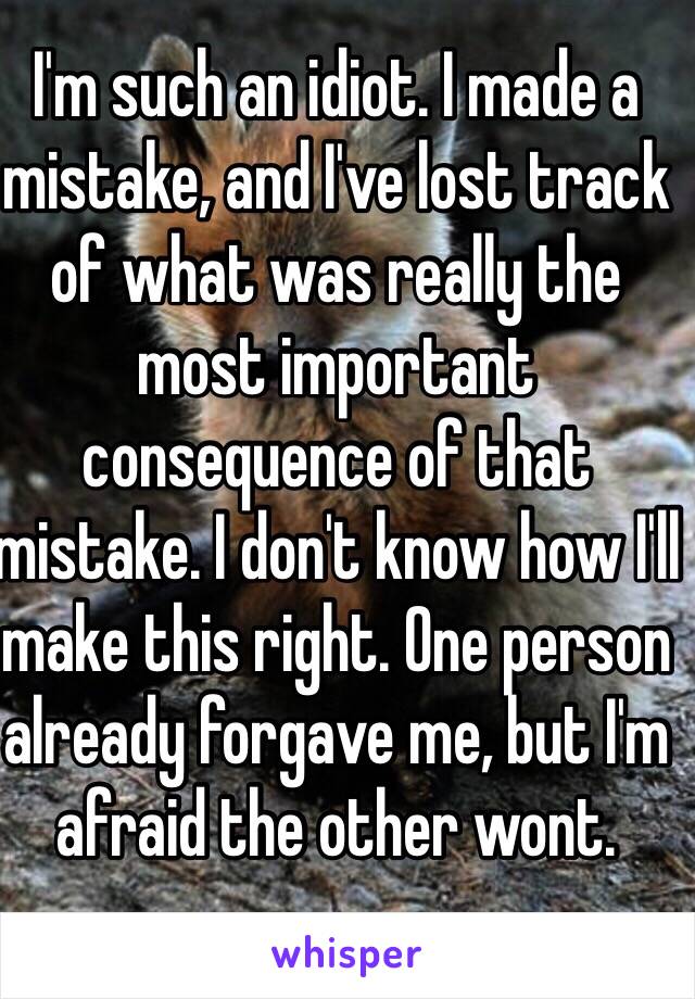 I'm such an idiot. I made a mistake, and I've lost track of what was really the most important consequence of that mistake. I don't know how I'll make this right. One person already forgave me, but I'm afraid the other wont. 