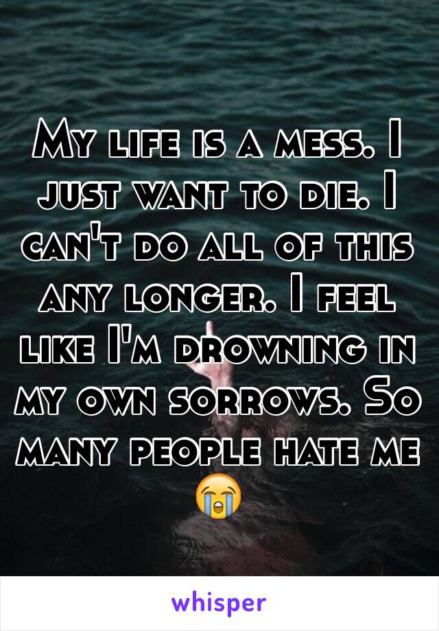 My life is a mess. I just want to die. I can't do all of this any longer. I feel like I'm drowning in my own sorrows. So many people hate me 😭