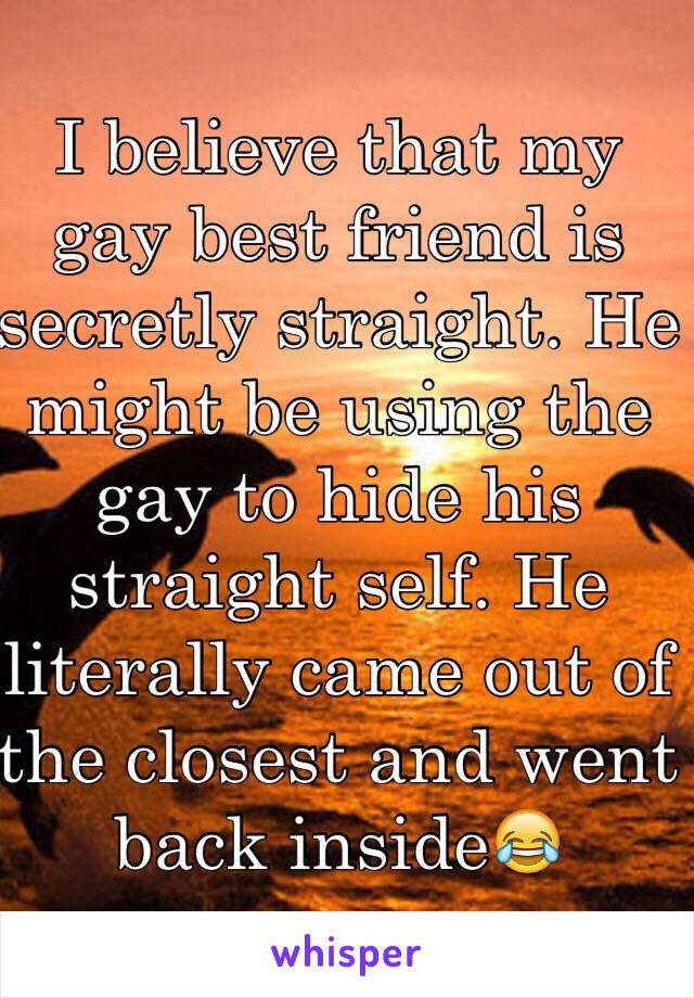 I believe that my gay best friend is secretly straight. He might be using the gay to hide his straight self. He literally came out of the closest and went back inside😂