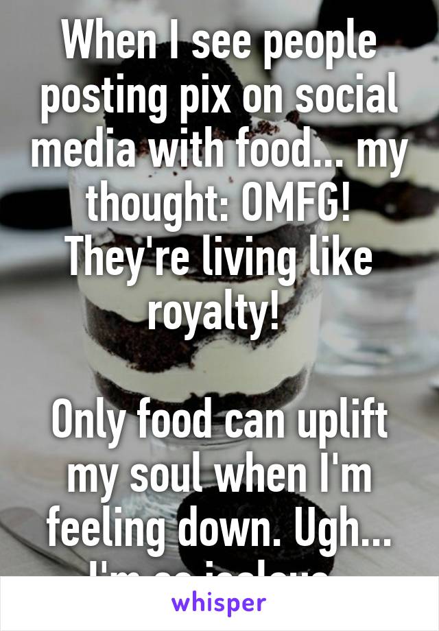 When I see people posting pix on social media with food... my thought: OMFG! They're living like royalty! 

Only food can uplift my soul when I'm feeling down. Ugh... I'm so jealous. 