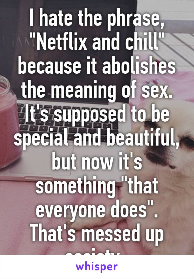 I hate the phrase, "Netflix and chill" because it abolishes the meaning of sex. It's supposed to be special and beautiful, but now it's something "that everyone does". That's messed up society. 